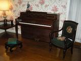 Gulbransen Piano - Needlepoint Chair & Stool - Leather top tables