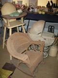Estate Sale vintage wicker rocking chair - vintage high chair - baby buggy