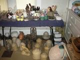 Estate Sale pottery - Bauer water fountains - Daisy butter churn - lantern - enamelware