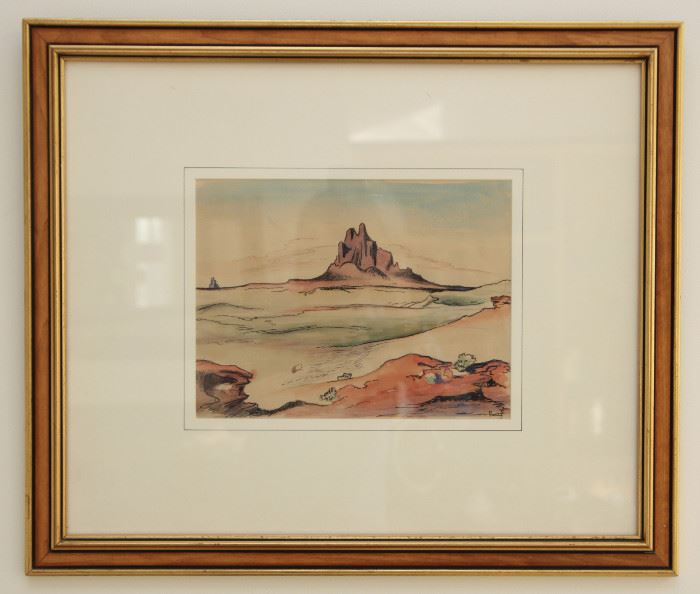 Thomas Hart Benton original ink and watercolor titled "Shiprock". This painting was part of the Alvin Gottlieb Collection that was on display at the Nelson Atkins Museum Of Art in Kansas City and the Smithsonian in Washington DC in the 1990's. Painted in 1951 and measure 8.5"x11". Professionally framed and in fine condition.

Each painting is priced at $30,000 and will not be discounted with the rest of the house. Bids over $20,000 are encouraged and will be discussed with the owners. 