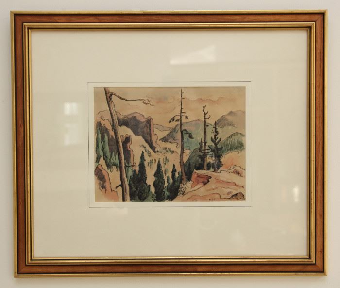 Thomas Hart Benton original ink and watercolor titled "Oak Creek Canyon". This painting was part of the Alvin Gottlieb Collection that was on display at the Nelson Atkins Museum Of Art in Kansas City and the Smithsonian in Washington DC in the 1990's. Painted in 1951 and measure 8.5"x11". Professionally framed and in fine condition.

Each painting is priced at $30,000 and will not be discounted with the rest of the house. Bids over $20,000 are encouraged and will be discussed with the owners. 
