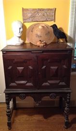 Old Victrola Cabinet, Exquisite Antique Embroidered  Asian Hat, Anatomy Mold , Old Aboriginal Bark Painting featuring Kangaroos