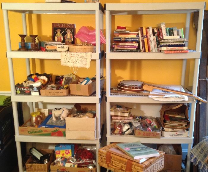 Shelves full of treasures including an old BANJO