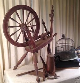 Antique Table Top Spinning Wheel by B Sanford, Antique Brass Birdcage