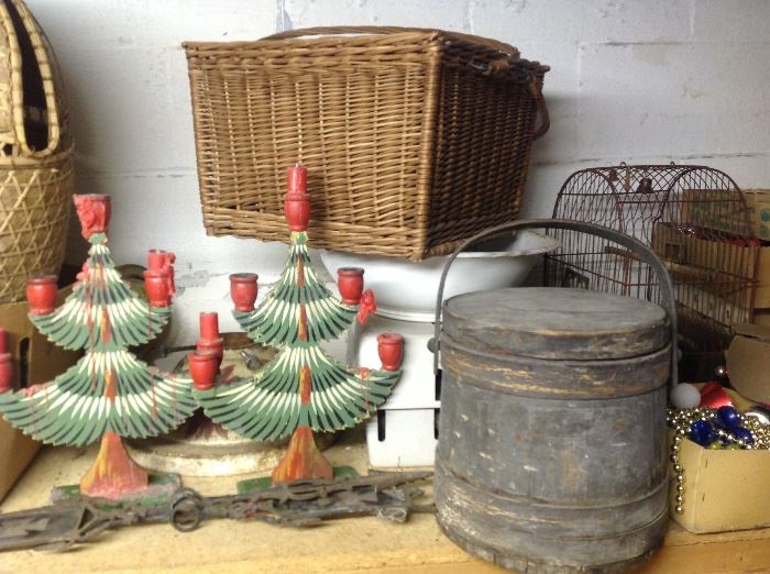 Antique Baskets, Wooden Bucket, Holiday 