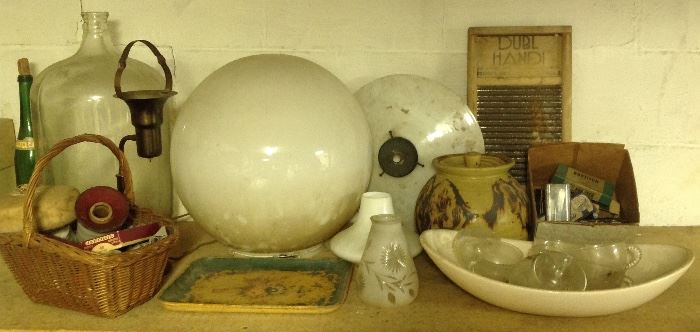 Interesting old globe, glassware, pottery etc