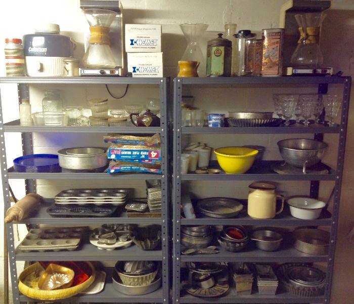Shelves of old kitchen and bric a brac 