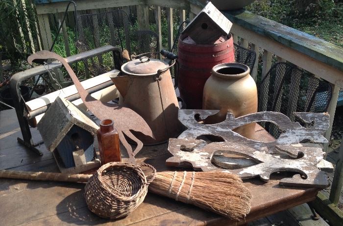 Old jug, Old paper cutter, baskets, bird houses, copper kettle, cool ornamental bird and wood pieces