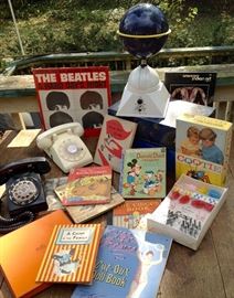 Beatles Hard Days Night Album, UNOPENED Cootie game, children's books, Old phones, American Indian Art Magazine, Spitz Jr Planetarium in box