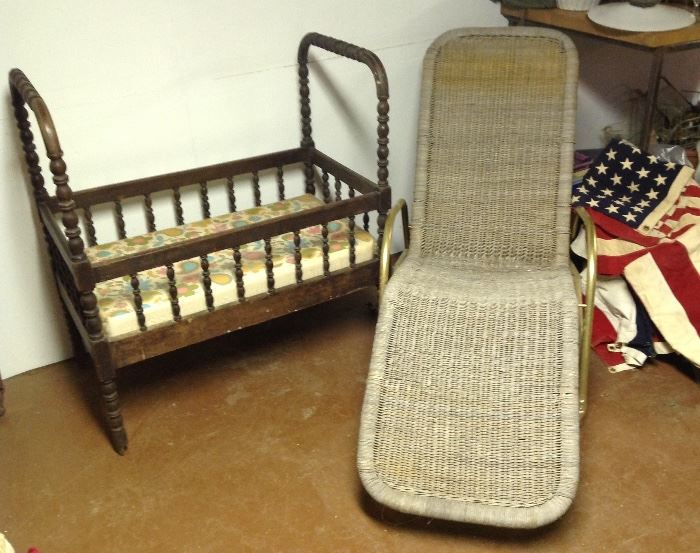 Antique Baby Bed,  Mid Century Chaise Lounge and collection of old flags