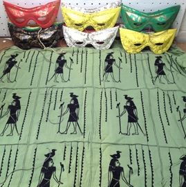 Deadstock Rayon Fabric Bolt Embroidered Egyptian Revival and old Masquerade Masks