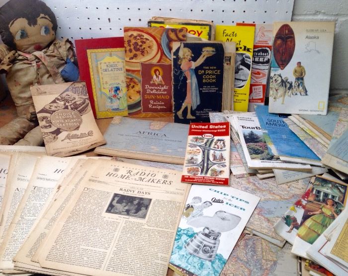 1930s Collection of Radio Home Makers, old cloth doll, cookbooks, maps and misc ephemera.