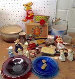 Nice old crocks, Tin toy , old lighter, depression glass and angel collection 