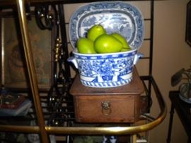 Blue and White porcelain / Large brass and black metal baker's rack