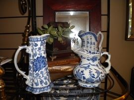 Blue and White porcelain / Large brass and black metal baker's rack