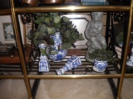 Blue and White porcelain / Large brass and black metal baker's rack