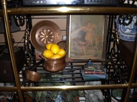 Blue and White porcelain / Large brass and black metal baker's rack