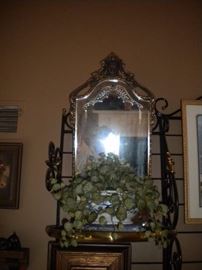 Blue and White porcelain / Large brass and black metal baker's rack, Etched antique mirror