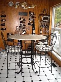 Bistro black iron chairs, base and marble top table, pub height