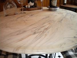 Bistro black iron chairs, base and marble top table, pub height