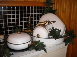Vintage White Enamel Brass Handles Lidded
