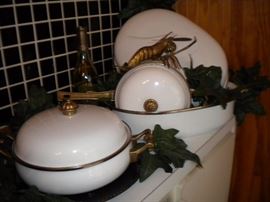 Vintage White Enamel Brass Handles Lidded