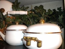 Vintage White Enamel Brass Handles Lidded