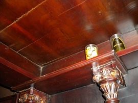 Antique/Vintage Tavern/pub bar....includes front and back bar with mirror and overhead for holding glasses and lighting. Overhead connects the front and back.