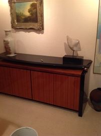 Henredon koa wood Modern credenza with modern marble sculpture, 19thc landscape painting