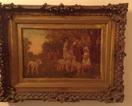 J. A. Lomax (1857-1923 United Kingdom) Mother and daughter feeding lambs in a landscape, oil on canvas, 12" X 20" in period gilt frame 23" X 29", needs restoration, has paint loss