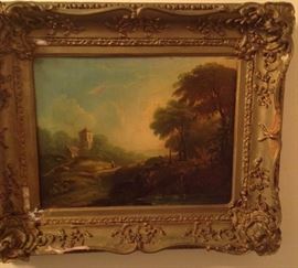 19thc Landscape with Houses and Figures, oil on canvas, 14"x18", period gilt frame 21 3/4" X 26", unsigned