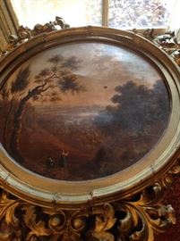 19thc Landscape, oil on canvas, 18" diameter, with as found heavily carved Baroque style frame