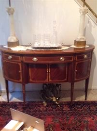 Federal inlaid mahogany sideboard 4 1/2" H X 66"w X 22"d, pair of Neoclassic style white marble column lamps, 1960's
