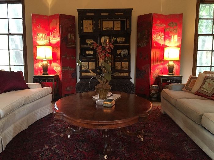 Antique French Victorian table which was cut down to serve as a coffee table. Pair of Red Lacquer Chinese Screen and an Antique Japanese Hand Carved Shodana Cabinet, circa 1900