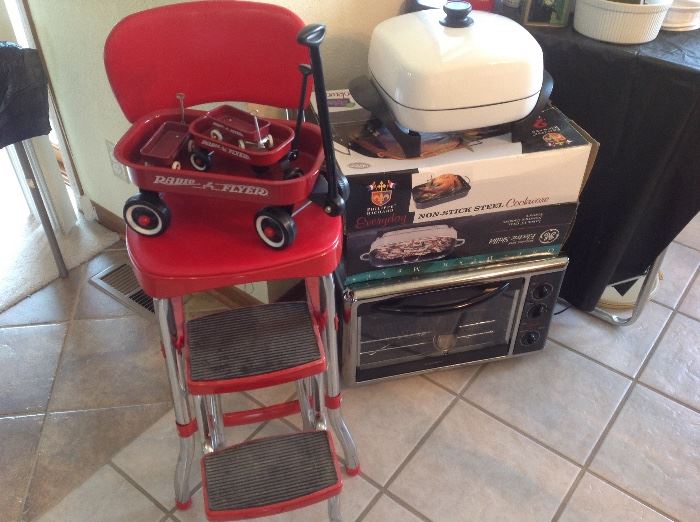 Costco Kitchen Stool, minature red wagon flyer set, electric frying pan, toaster oven, roasting pan
