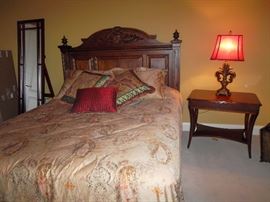 queen size headboard, mattress set, side table