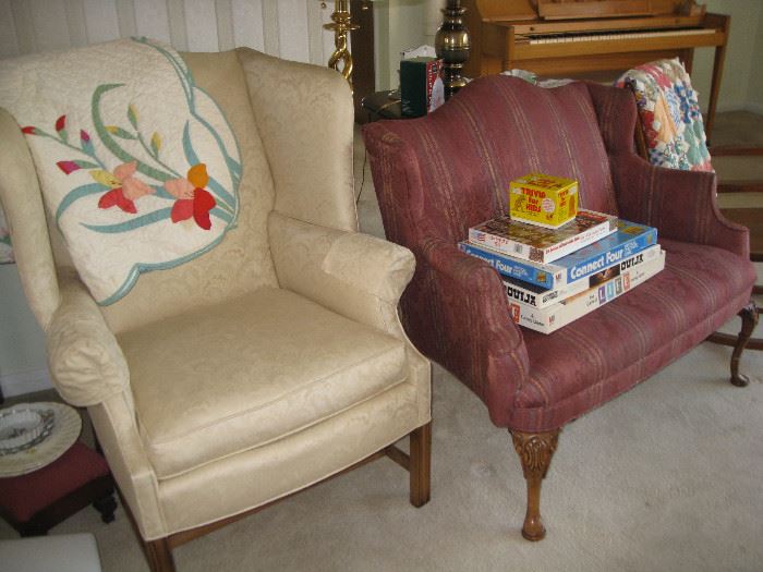Wing back chair and loveseat + Floral quilt