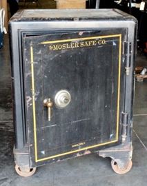 Antique Mosler Safe on Wheels with Interior Compartments and Key to Interior