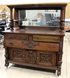 Antique Roper Furniture Co Ornately Carved Wood Buffet Table with Mirror on Casters, 5' x 63.5" x 27"
