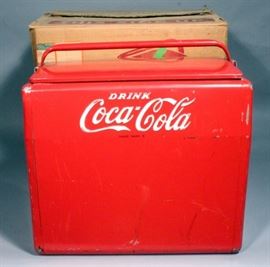 Vintage Cavalier "Drink Coca-Cola" Metal Cooler / Ice Chest with Original Box, 24 Bottle Size, 17.5"W x 16.5"H x 12"D