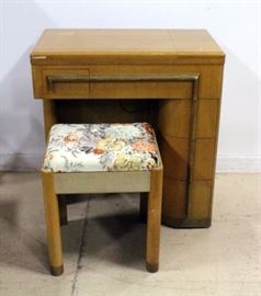 Art Deco Sewing Cabinet with Singer Sewing Machine, 28.5" x 30" x 16.5", and Original Retro Floral Print Sewing Bench
