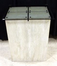 Travertine Marble Pedestal Table with Glass Top, 18" x 28" x 22"