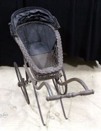 Antique Baby Doll Carriage / Buggy, Metal Frame and Wheels, Wood Handle, Woven Seat, 36"H