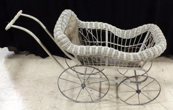 Antique Baby Doll Carriage / Buggy, Metal Wheels, Wood Handle, Woven Seat, 20"H
