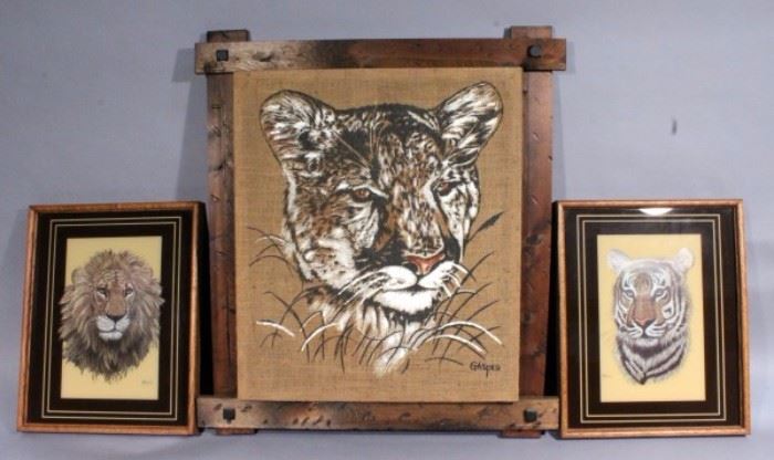 Vintage Tiger Painting on Burlap Signed "Gasper", 31" x 36", and M Brice Lion and Tiger Prints, Framed, 17" x 21"