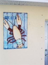 Very large lobster hand painted metal sign.