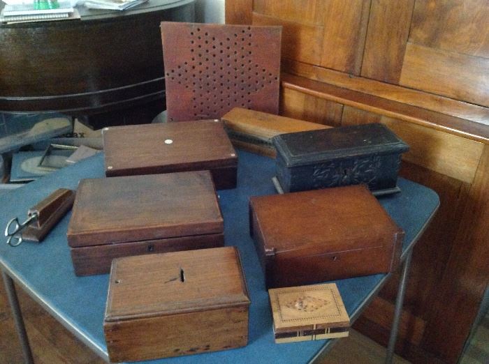 Very Old Wooden Box collection including a cigarette case and bank