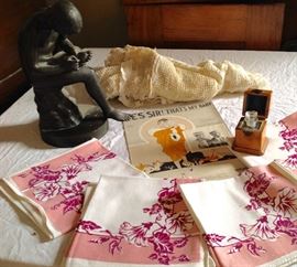 1920s metal Sculpture "Boy with Thorne" and Perfume Bottle in case etc