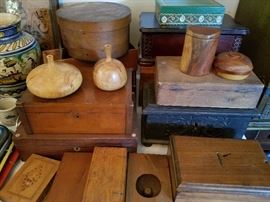 Amazing old box collection and Hand turned wooden vases by Osolnik originals
