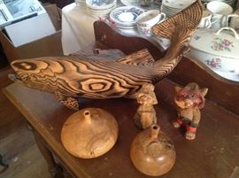 Artist signed carved D Seaberg Salmon, Hand turned wooden vases by Osolnik originals, Henning of Norway Carved Wooden Trolls